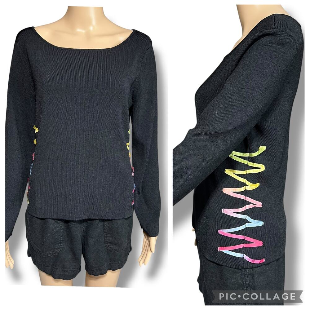 Vintage Prima Bella Womens Knit Sweater Top Boat Neck Satin Ribbon Accent Medium